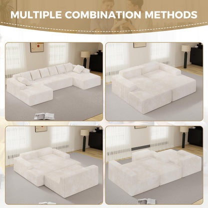 131'' Modular Sectional Sofa with Chaise Lounge, U-Shaped Cloud Couches for Living Room, No Assembly Required Corduroy Boneless Couch, Beige