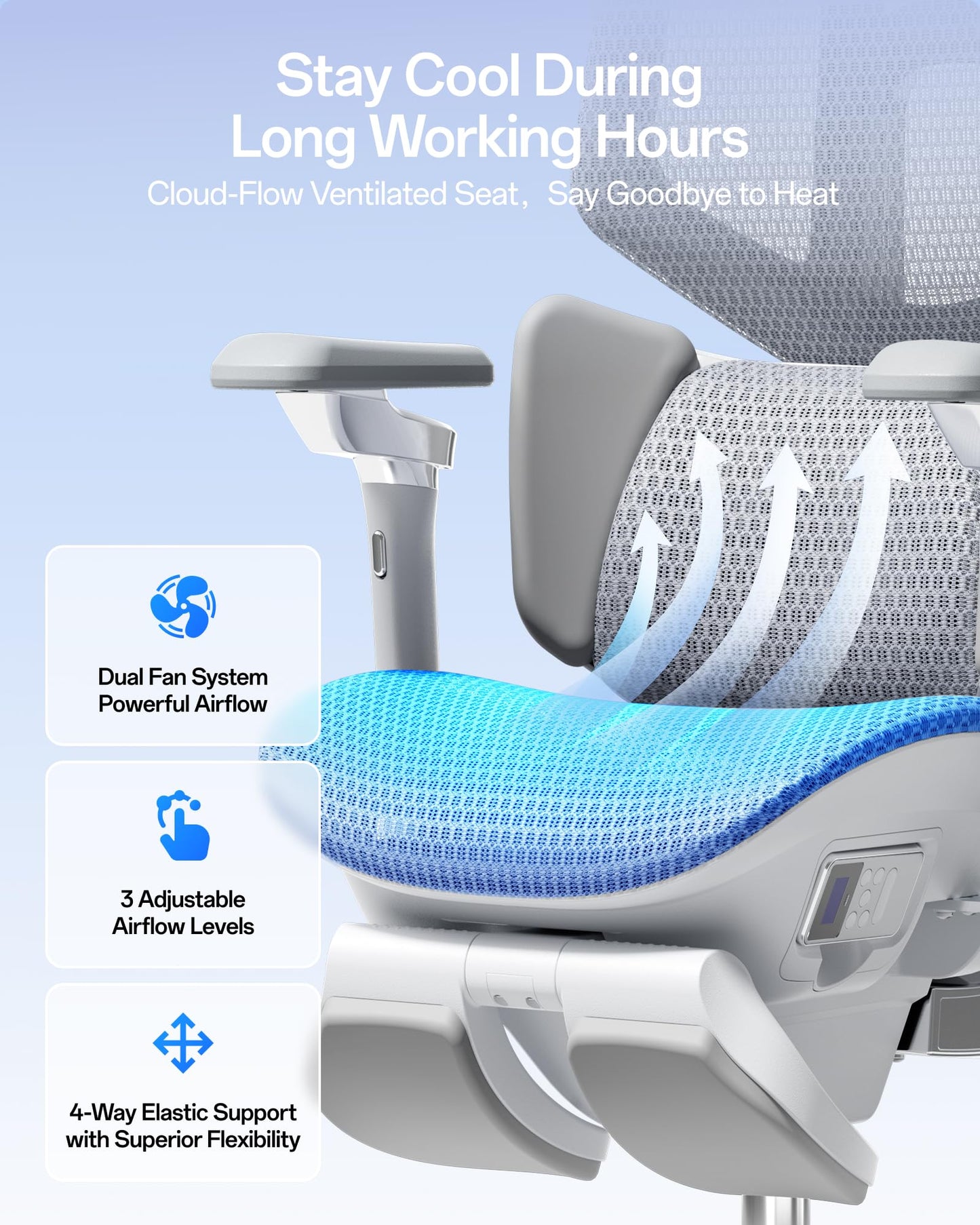 Hbada X7 Smart Ergonomic Office Chair – AI Lumbar Tracking, 8D Bionic Massage & Heating, 4D Dual-Axis Headrest, 720° Adjustable Armrests, Ventilated Mesh Seat with Cooling Fan, BIFMA Certified