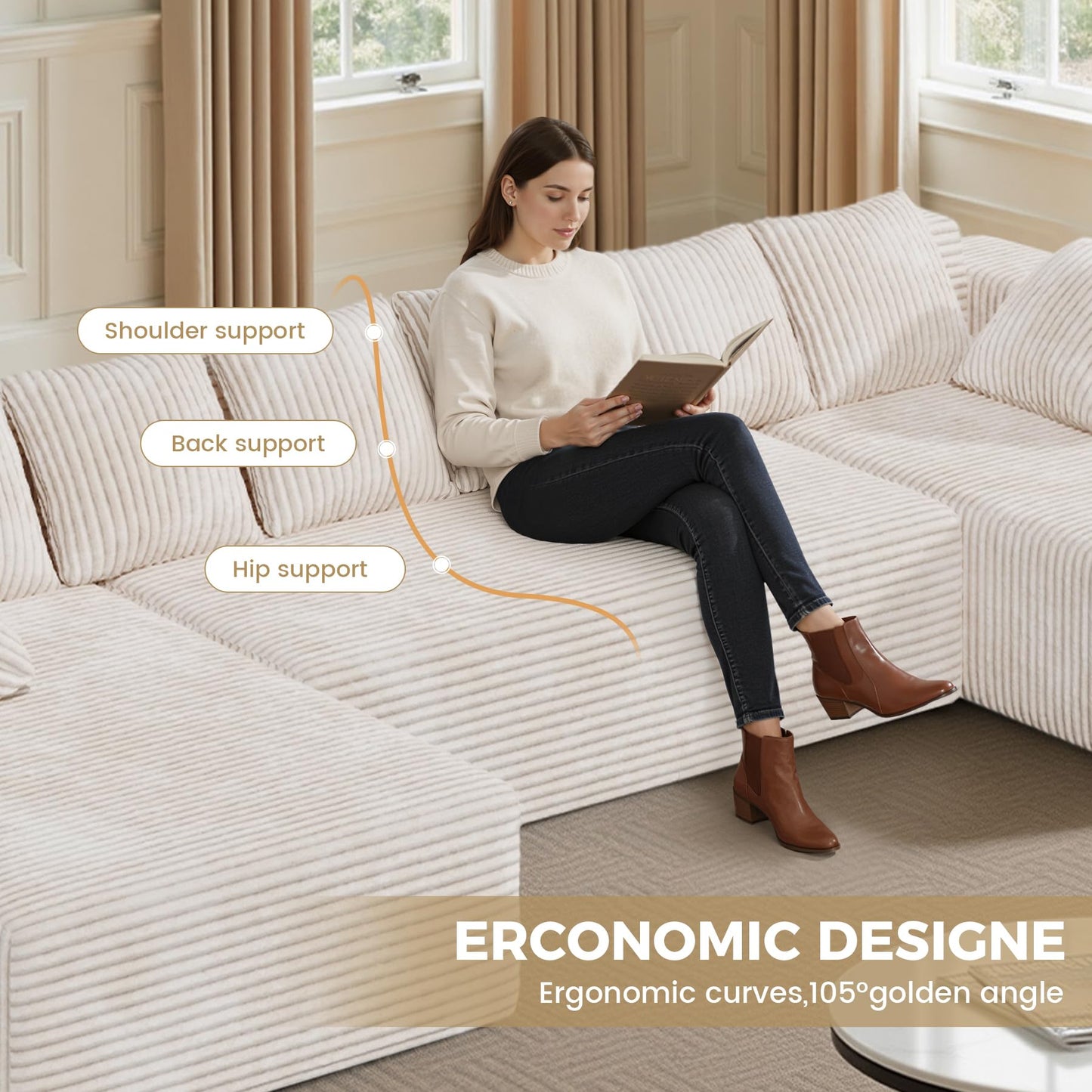 131'' Modular Sectional Sofa with Chaise Lounge, U-Shaped Cloud Couches for Living Room, No Assembly Required Corduroy Boneless Couch, Beige