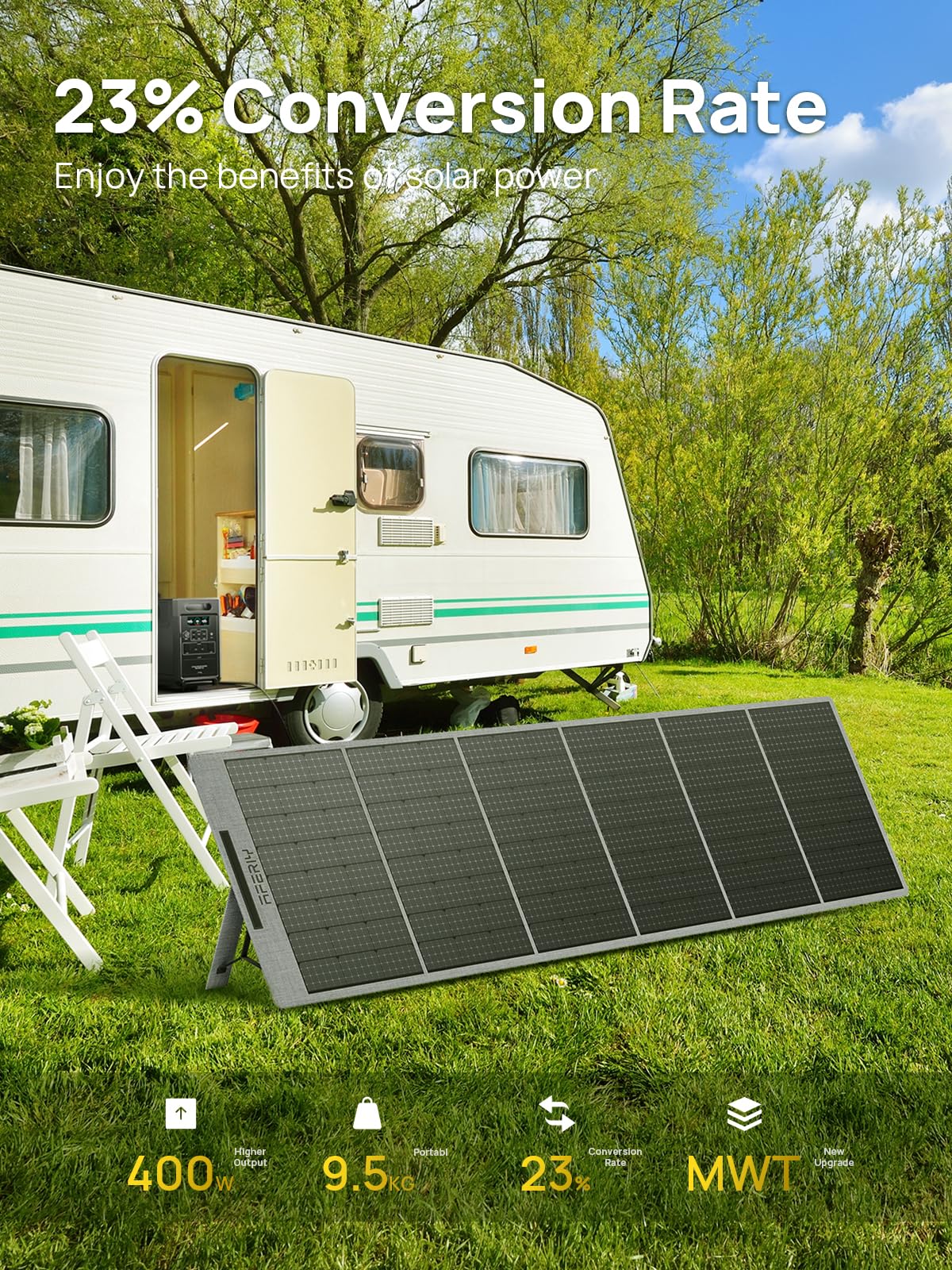 AFERIY 400W Portable Solar Panel, Foldable Monocrystalline Solar Panel Kit Adapted to Solar Generators, with Adjustable Supports, USB Ports, IP65, for Campervan, Caravan, Garden