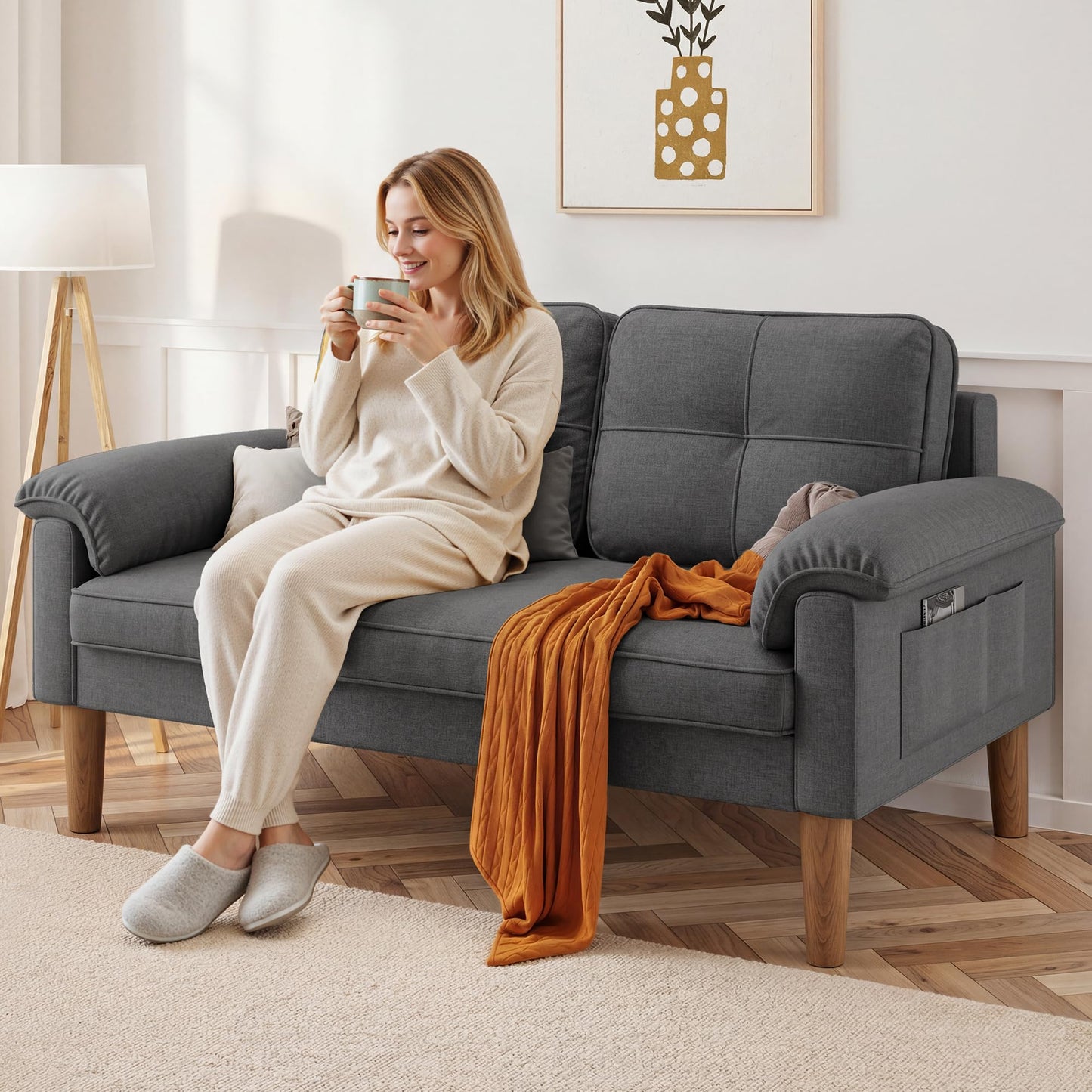 Xbro 2-Seater Sofa, Small Couch 2-Seater with Armrest and Side Pocket, Modern Fabric Couch for Living Room, Home, Office, Easy Assembly, 145 x 77 x 77 cm