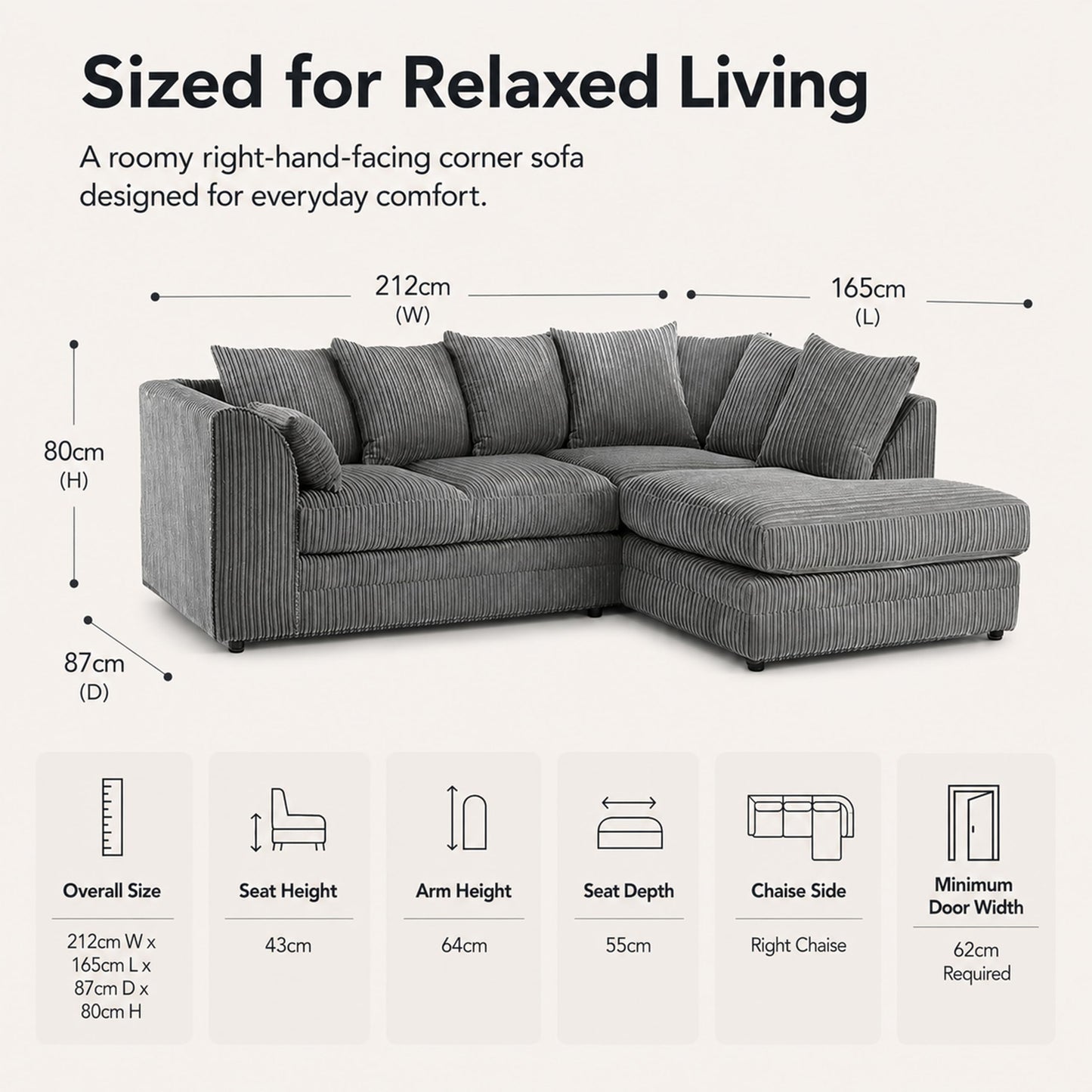 New Luxor Fabric Corner Sofa Grey | Soft Jumbo Cord 3-4 Seater Corner Sofa (Grey, Right Hand Facing)
