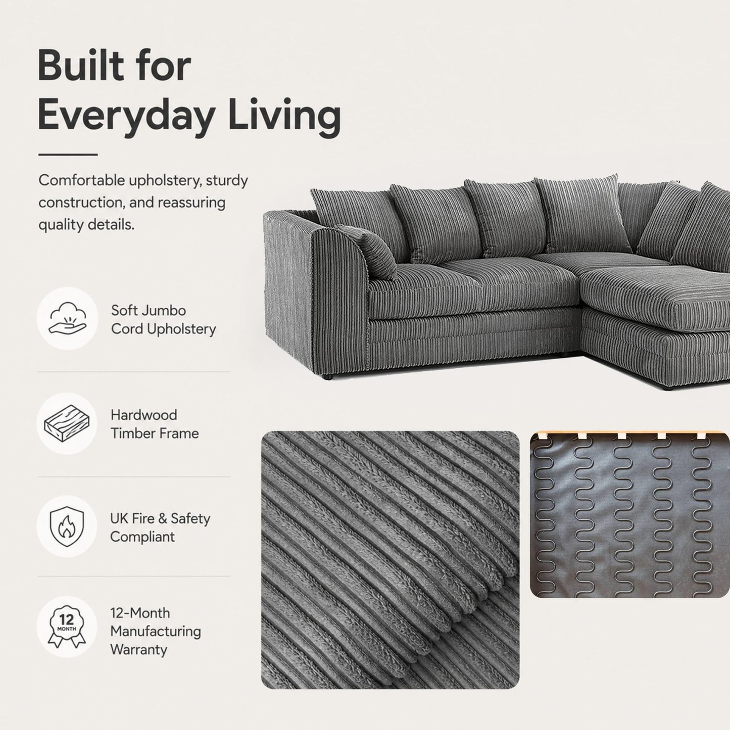 New Luxor Fabric Corner Sofa Grey | Soft Jumbo Cord 3-4 Seater Corner Sofa (Grey, Right Hand Facing)