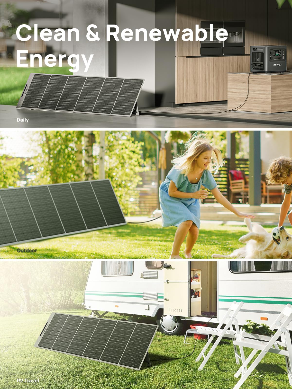 AFERIY 400W Portable Solar Panel, Foldable Monocrystalline Solar Panel Kit Adapted to Solar Generators, with Adjustable Supports, USB Ports, IP65, for Campervan, Caravan, Garden