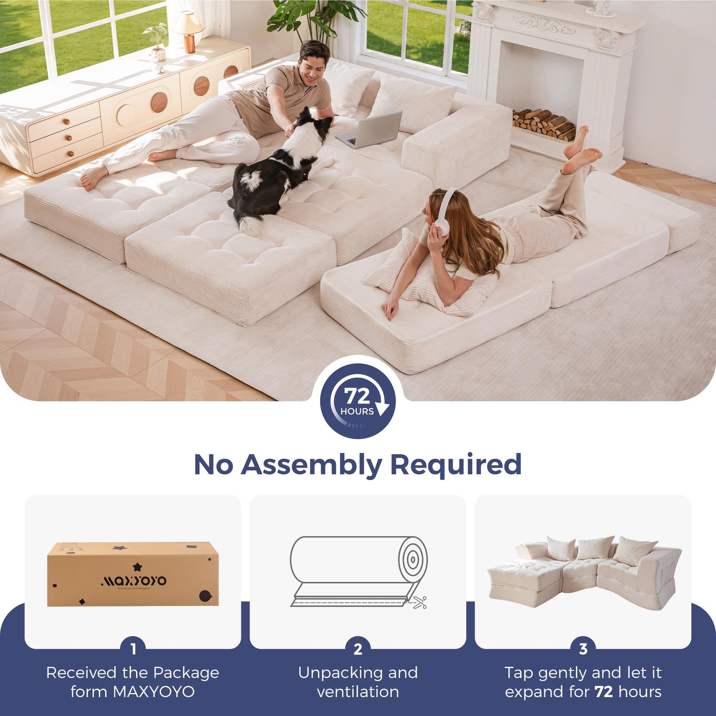 MAXYOYO Modular Sectional Sofa Bed, Convertible Sofa Bed with Foldable Sleeper and Throw Pillow, Corduroy Tufted Floor Couch Boneless for Living Room, Bedroom, Guest Room, No Assembly