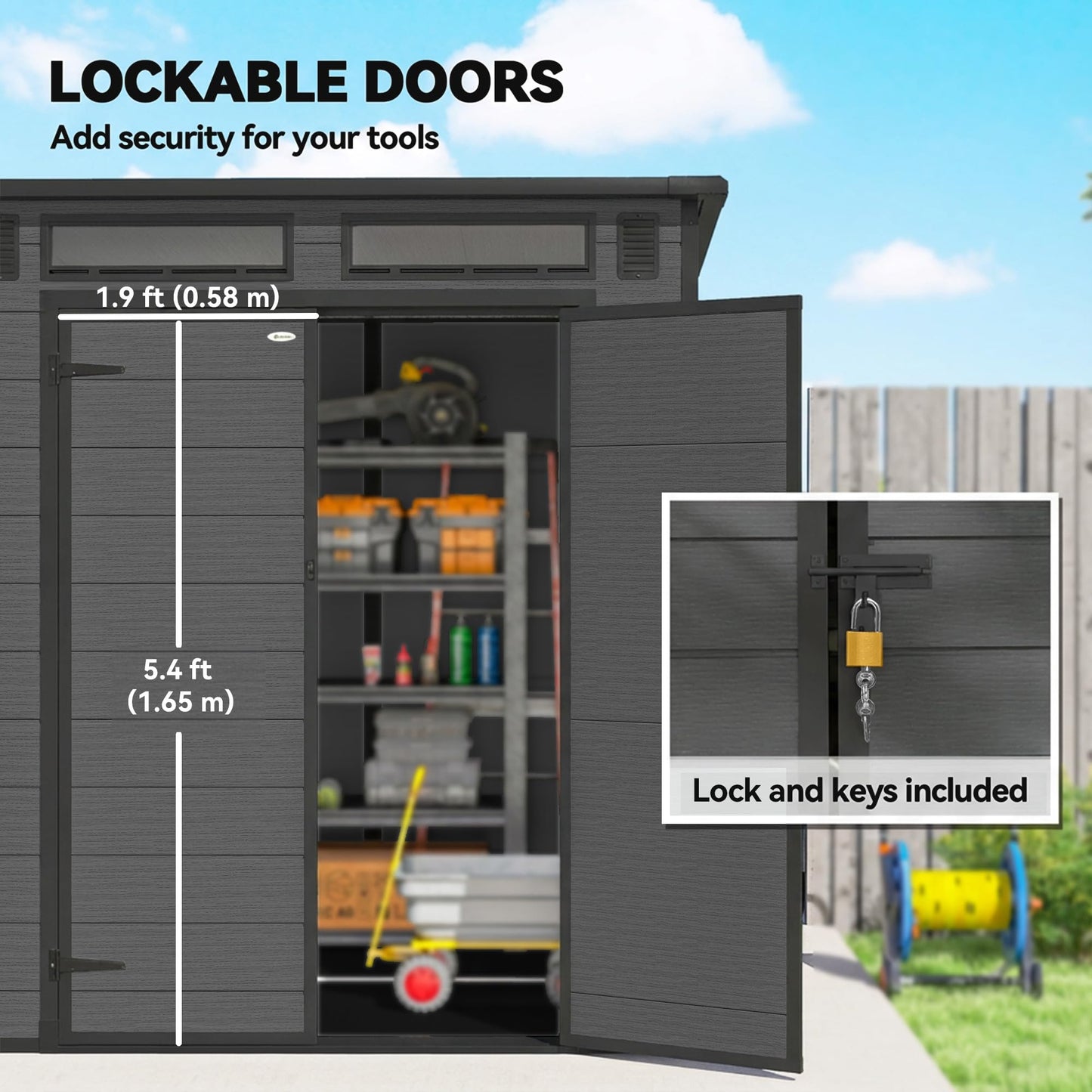 Outsunny 6 x 6 ft Plastic Garden Shed with Floor, Three Windows, Dark Grey
