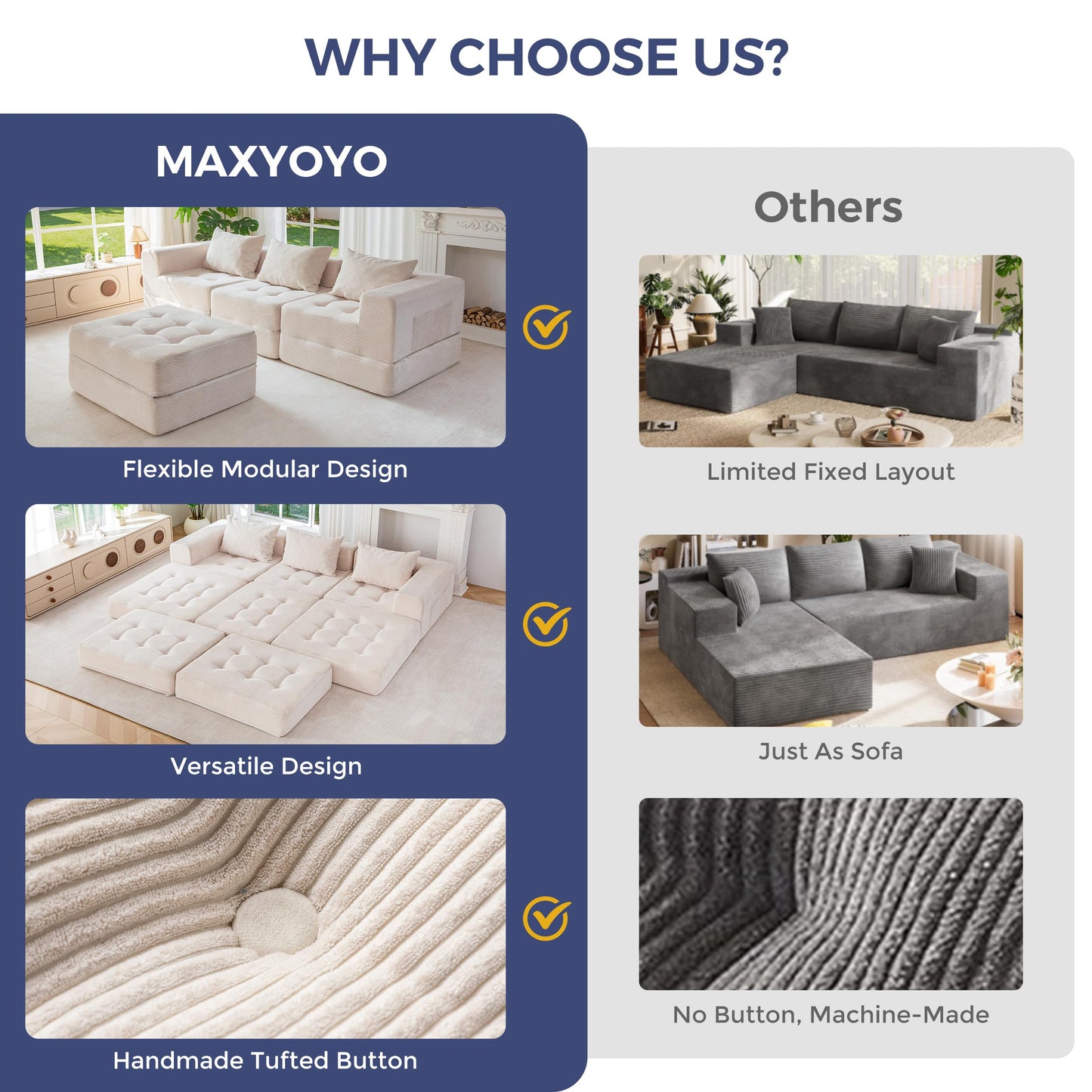 MAXYOYO Modular Sectional Sofa Bed, Convertible Sofa Bed with Foldable Sleeper and Throw Pillow, Corduroy Tufted Floor Couch Boneless for Living Room, Bedroom, Guest Room, No Assembly