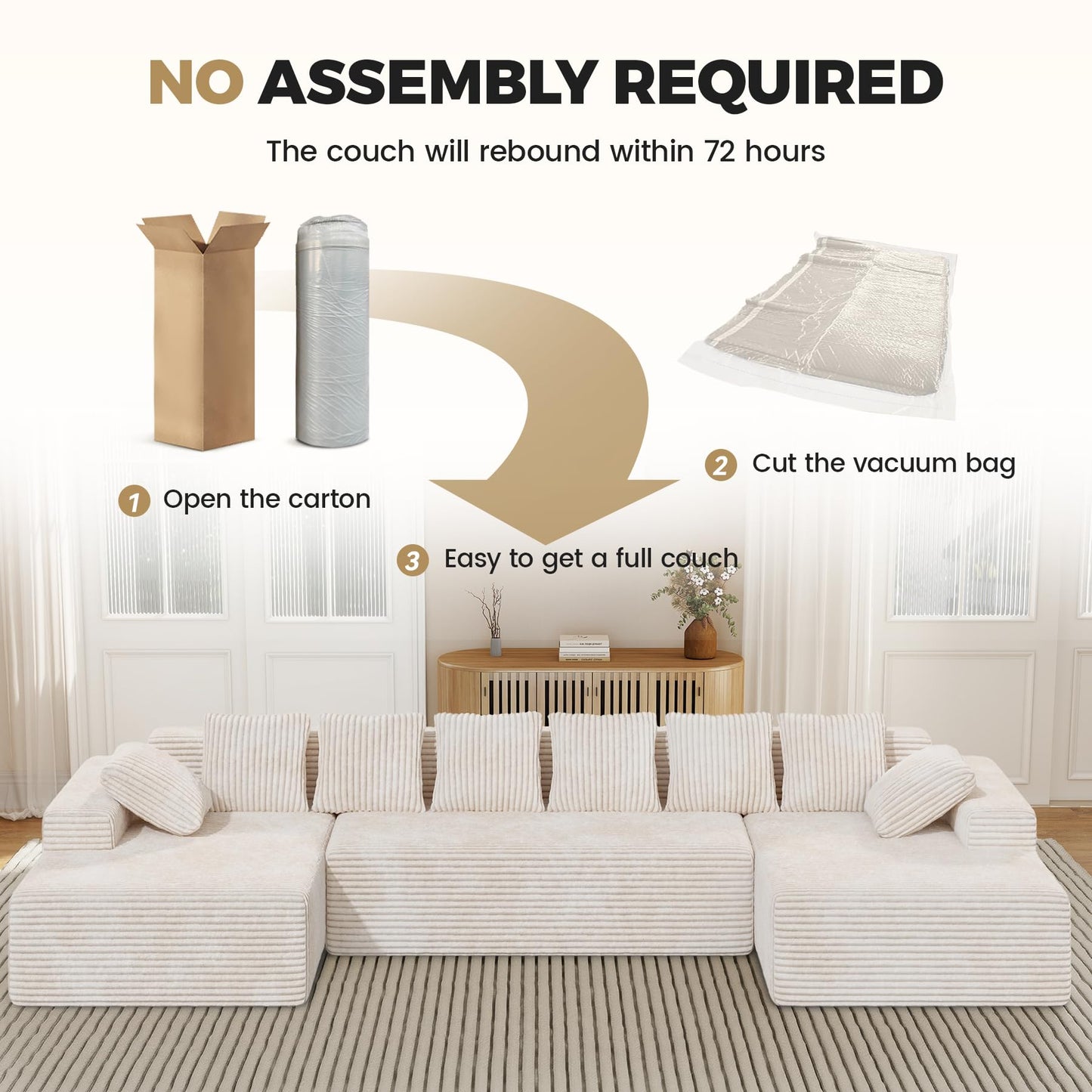 131'' Modular Sectional Sofa with Chaise Lounge, U-Shaped Cloud Couches for Living Room, No Assembly Required Corduroy Boneless Couch, Beige