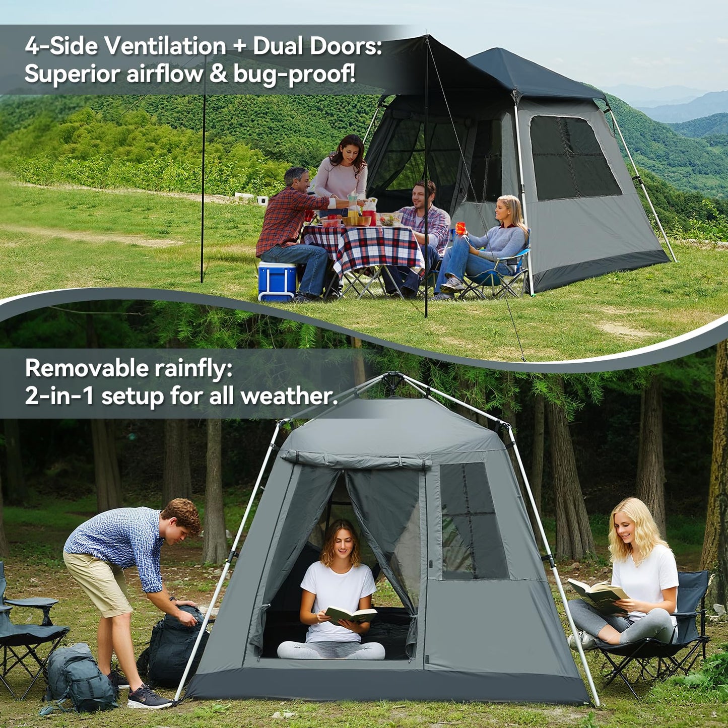 Instant Pop-Up Dome Tent 3-4 Person with Sunshade, Grey