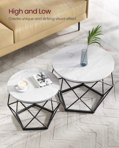 VASAGLE Round Coffee Table, Set of 2, Side Table, Sofa End Table, Modern Style, Removable Top, Steel Frame, for Living Room, White and Black LET040B59