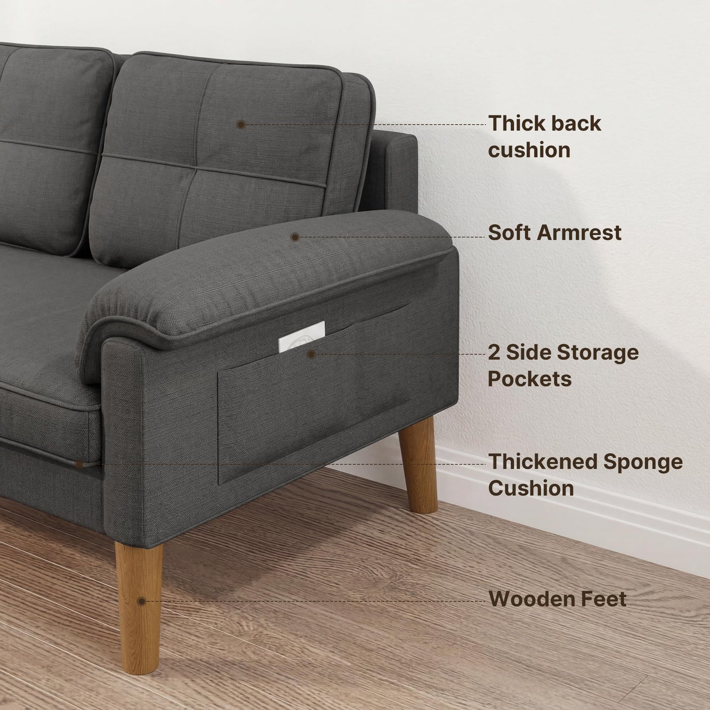 Xbro 2-Seater Sofa, Small Couch 2-Seater with Armrest and Side Pocket, Modern Fabric Couch for Living Room, Home, Office, Easy Assembly, 145 x 77 x 77 cm