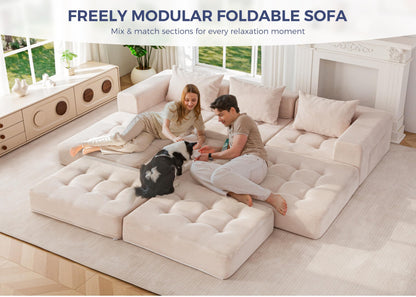 MAXYOYO Modular Sectional Sofa Bed, Convertible Sofa Bed with Foldable Sleeper and Throw Pillow, Corduroy Tufted Floor Couch Boneless for Living Room, Bedroom, Guest Room, No Assembly