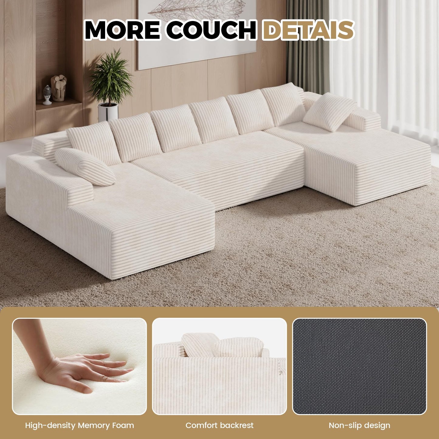 131'' Modular Sectional Sofa with Chaise Lounge, U-Shaped Cloud Couches for Living Room, No Assembly Required Corduroy Boneless Couch, Beige