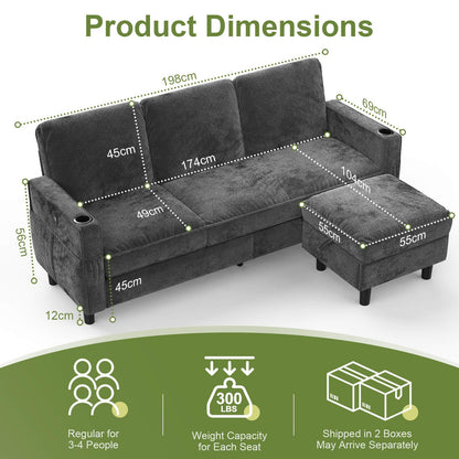 Aotumm Ciort 3-Seater Sofa with Storage Ottoman Footstool, L-shaped Chaise Lounge Sofa with USB Charging Ports, 2 Cup holders, Modern Fabric Small Space Corner Sofa Couch for Living Room (Deep Grey)