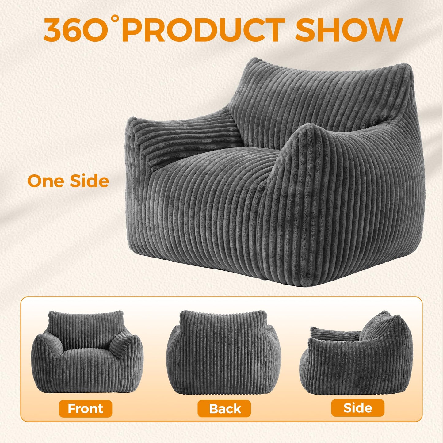 Hamlody Corduroy Bean Bag Chair, Premium Shredded Foam Single Sofa
