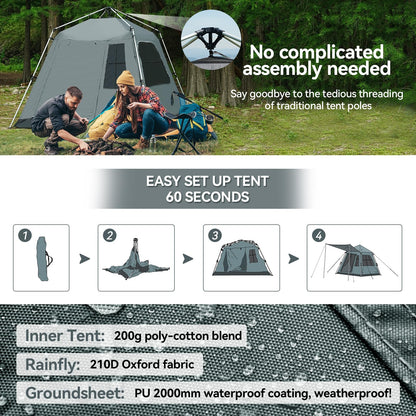 Instant Pop-Up Dome Tent 3-4 Person with Sunshade, Grey