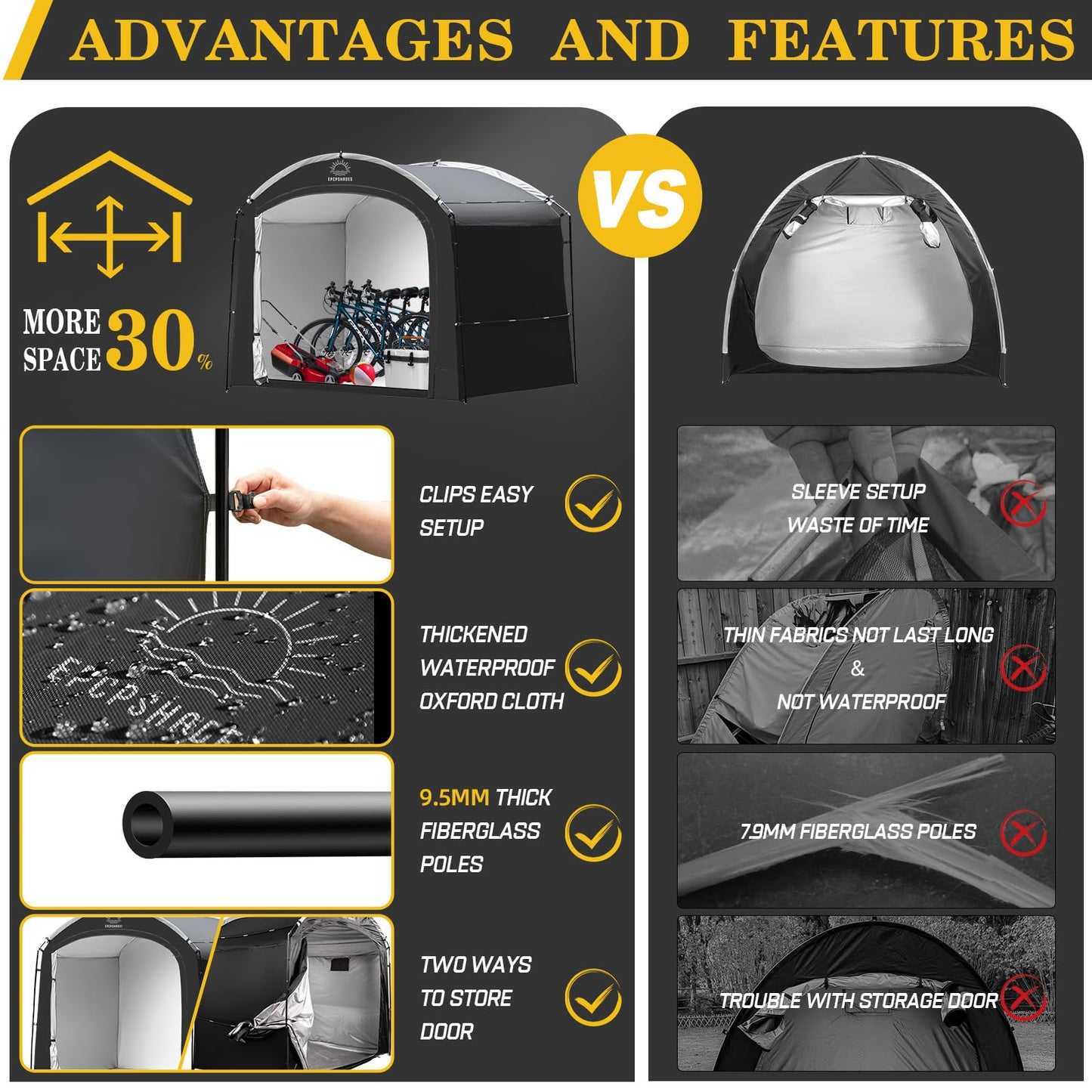 EPCPSHADES Bike Storage Shed Tent, Waterproof Portable Bicycle Cover with 30% More Top Storage Space for 2/3/4/5 Bikes,Clips Easy Setup Outdoor Sheds Shelter for Motorcycle, Garden Tools, Lawn Mower