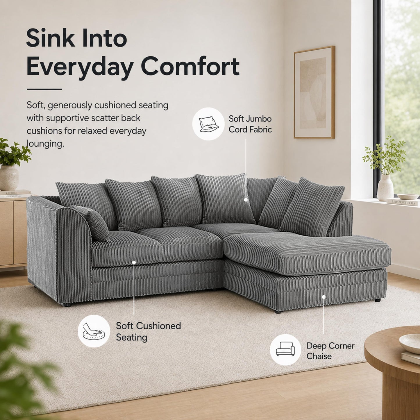 New Luxor Fabric Corner Sofa Grey | Soft Jumbo Cord 3-4 Seater Corner Sofa (Grey, Right Hand Facing)