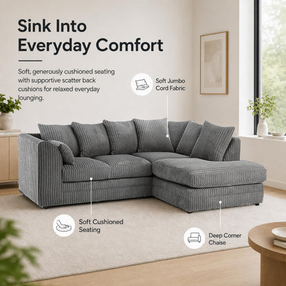 New Luxor Fabric Corner Sofa Grey | Soft Jumbo Cord 3-4 Seater Corner Sofa (Grey, Right Hand Facing)