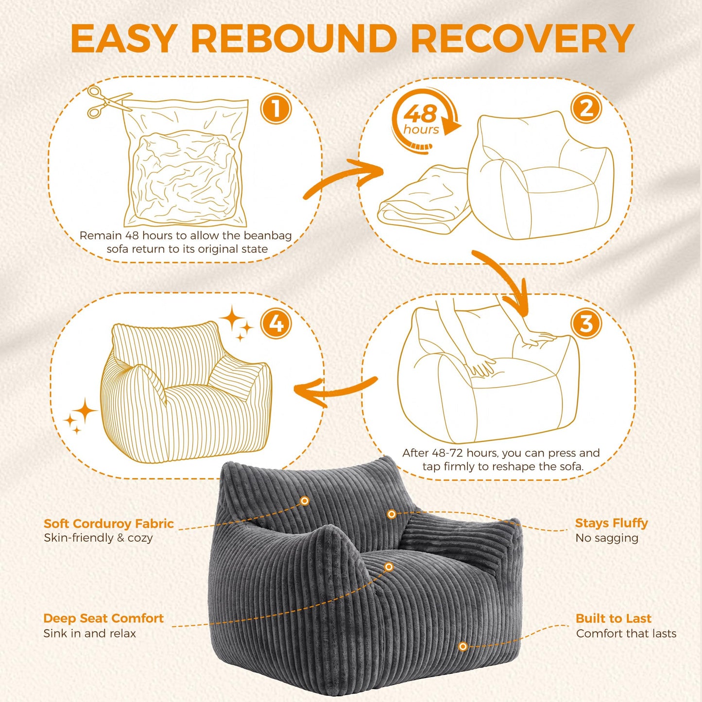 Hamlody Corduroy Bean Bag Chair, Premium Shredded Foam Single Sofa