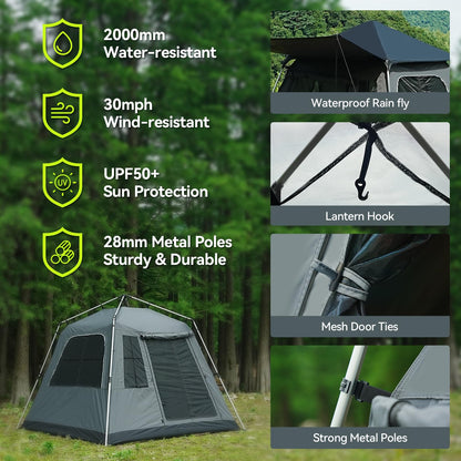 Instant Pop-Up Dome Tent 3-4 Person with Sunshade, Grey