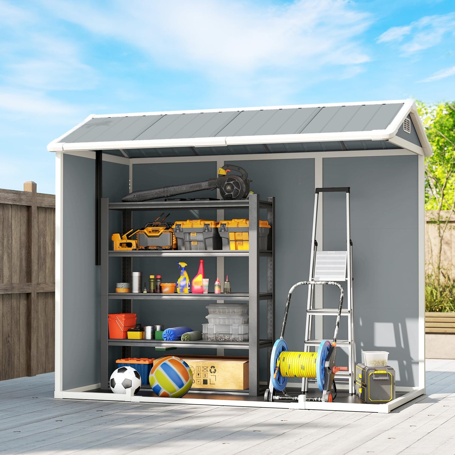 Outsunny 8 x 4 ft Resin Garden Shed Wood-Effect with Floor, Light Grey