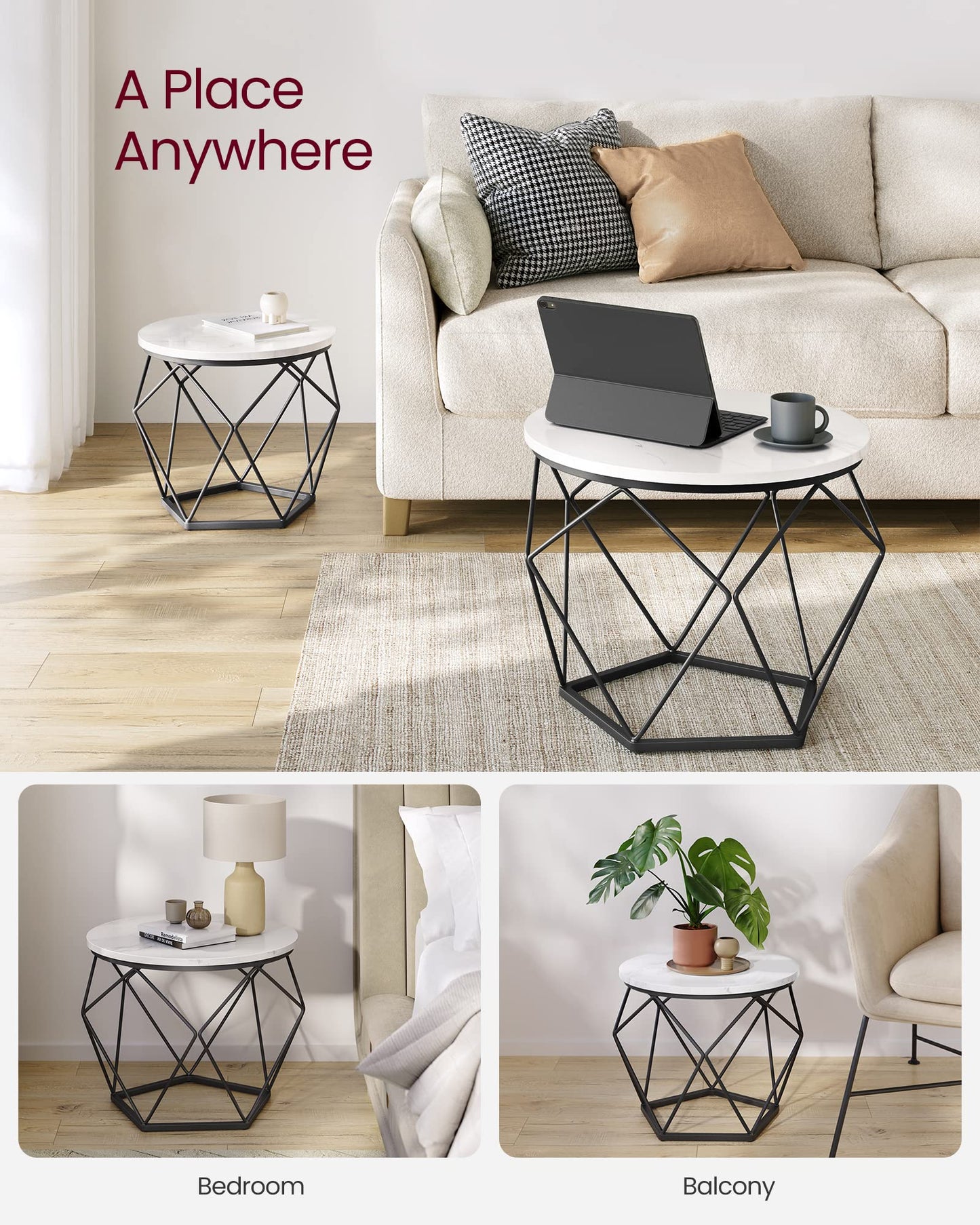 VASAGLE Round Coffee Table, Set of 2, Side Table, Sofa End Table, Modern Style, Removable Top, Steel Frame, for Living Room, White and Black LET040B59