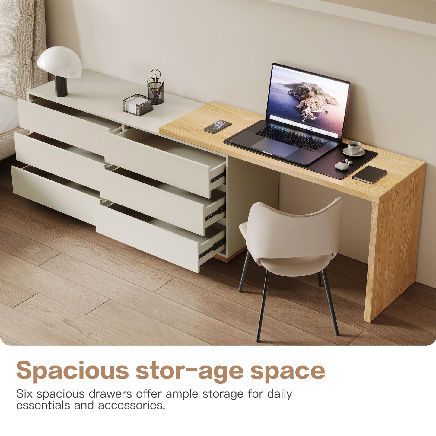 LumivoxNest Modern L-Shaped Desk with 6 Drawers, Adjustable Corner Desk 1.4m to 2.5m, White Computer Desk for Home Office, Study & Gaming