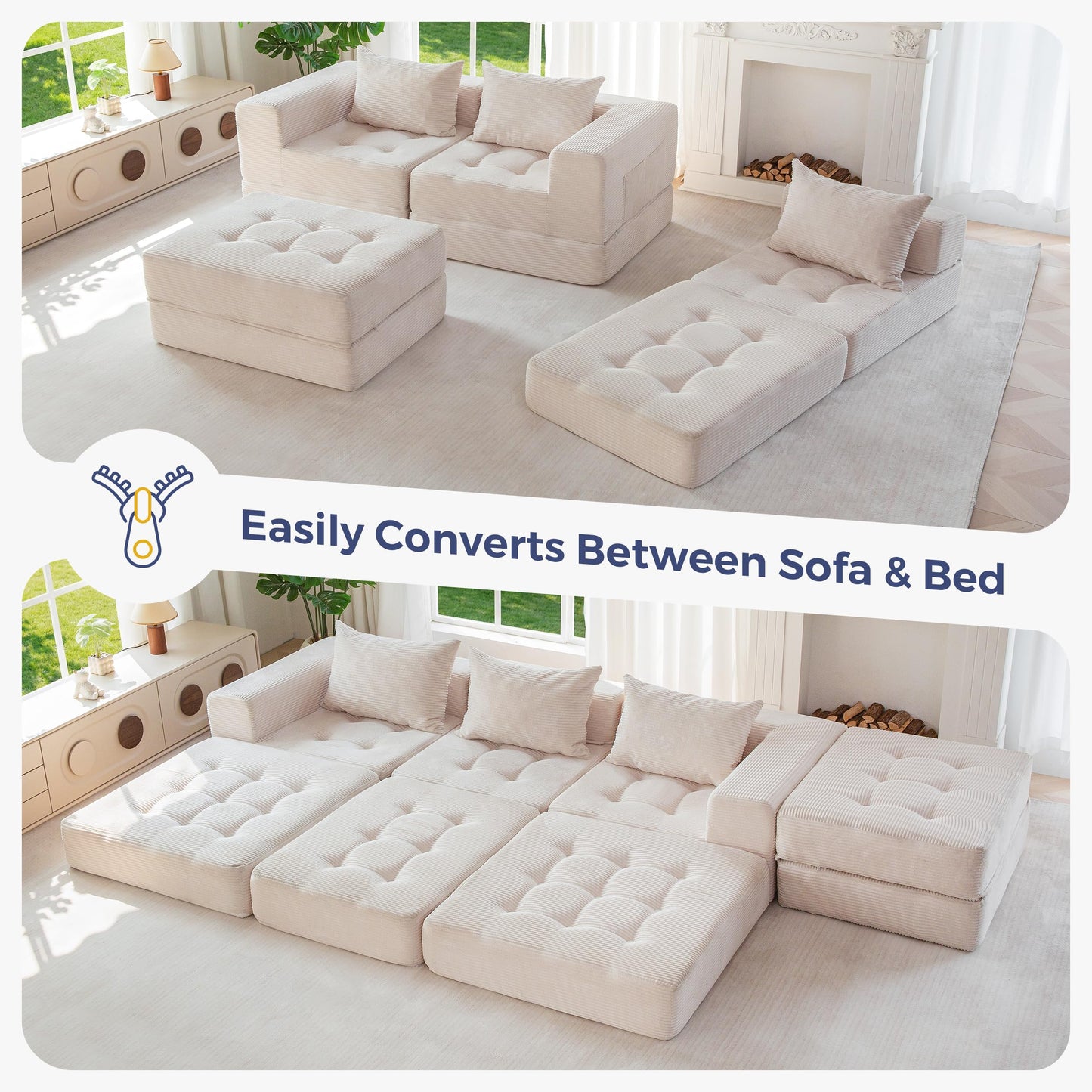 MAXYOYO Modular Sectional Sofa Bed, Convertible Sofa Bed with Foldable Sleeper and Throw Pillow, Corduroy Tufted Floor Couch Boneless for Living Room, Bedroom, Guest Room, No Assembly