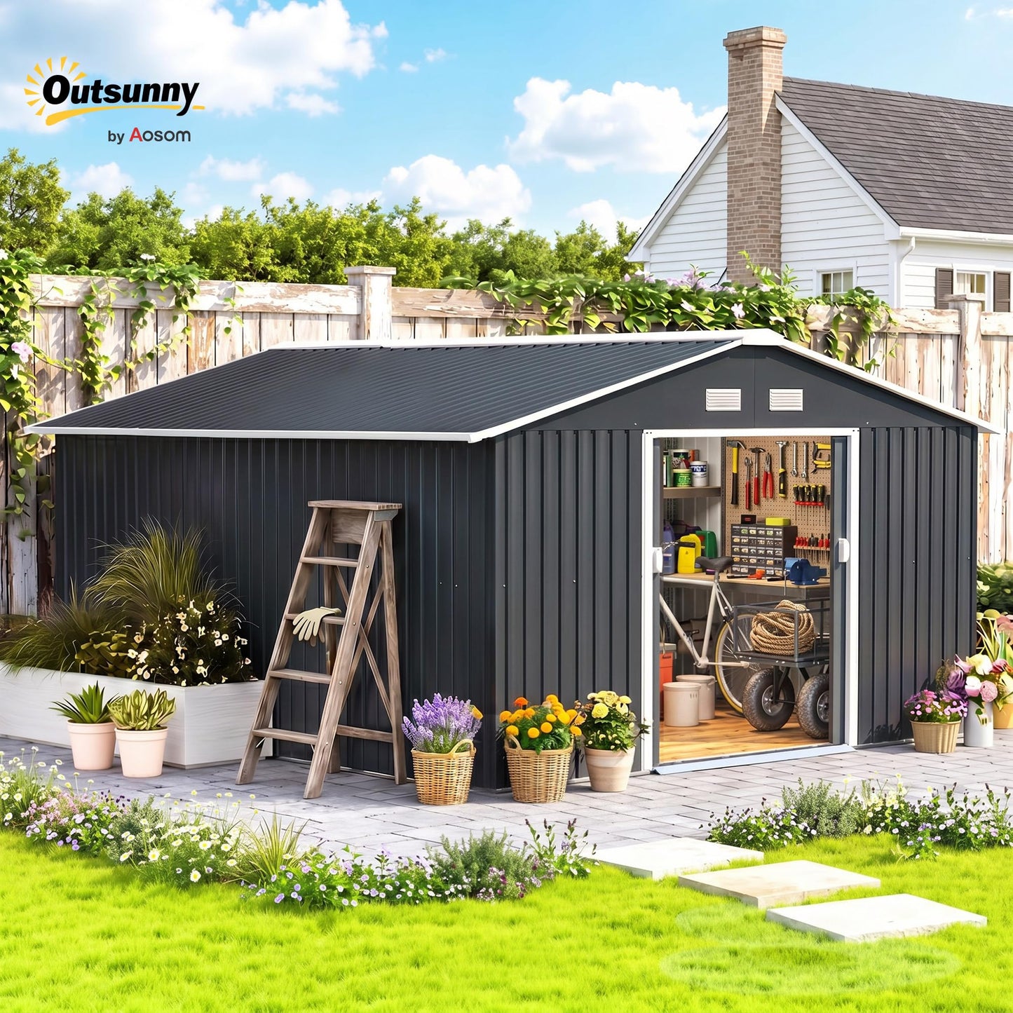 Outsunny 13 x 11ft Metal Garden Shed Waterproof Galvanised Grey