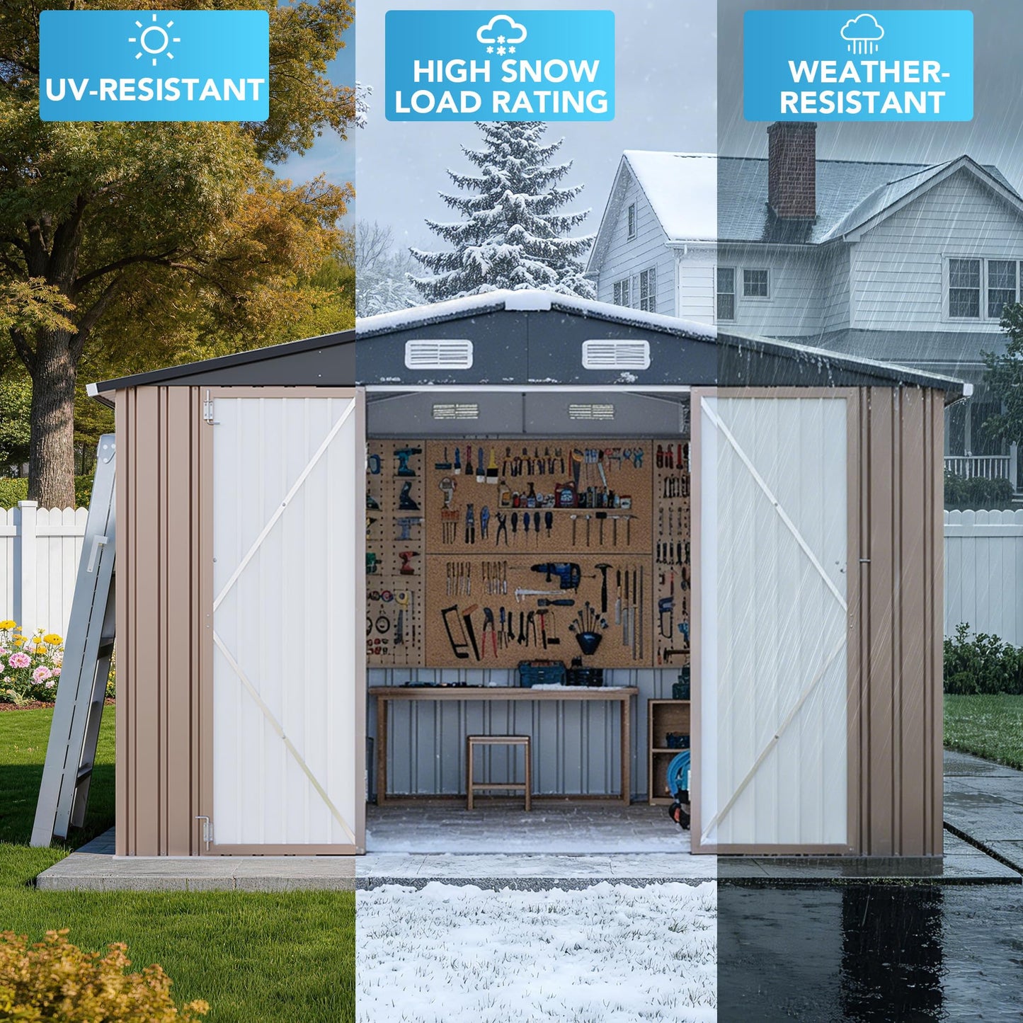 CoziBB 10x12ft Metal Garden Shed, Outdoor Storage Shed with Windows, Waterproof Garden Shed & Tool Shed – Lockable Double Doors and Sloped Roof, for Garden, Patio or Lawn, Brown