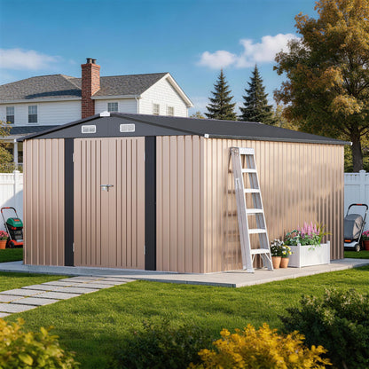 CoziBB 10x12ft Metal Garden Shed, Outdoor Storage Shed with Windows, Waterproof Garden Shed & Tool Shed – Lockable Double Doors and Sloped Roof, for Garden, Patio or Lawn, Brown