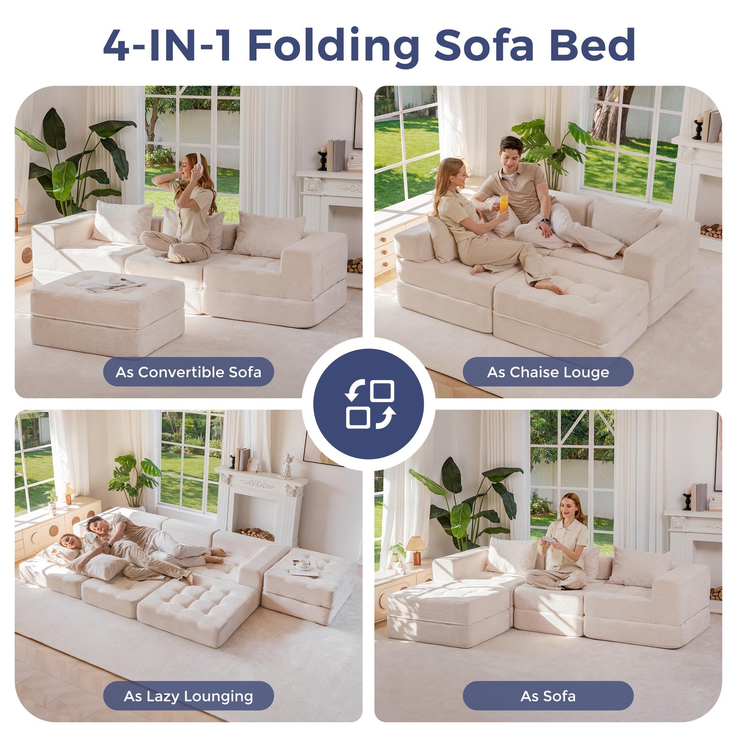MAXYOYO Modular Sectional Sofa Bed, Convertible Sofa Bed with Foldable Sleeper and Throw Pillow, Corduroy Tufted Floor Couch Boneless for Living Room, Bedroom, Guest Room, No Assembly