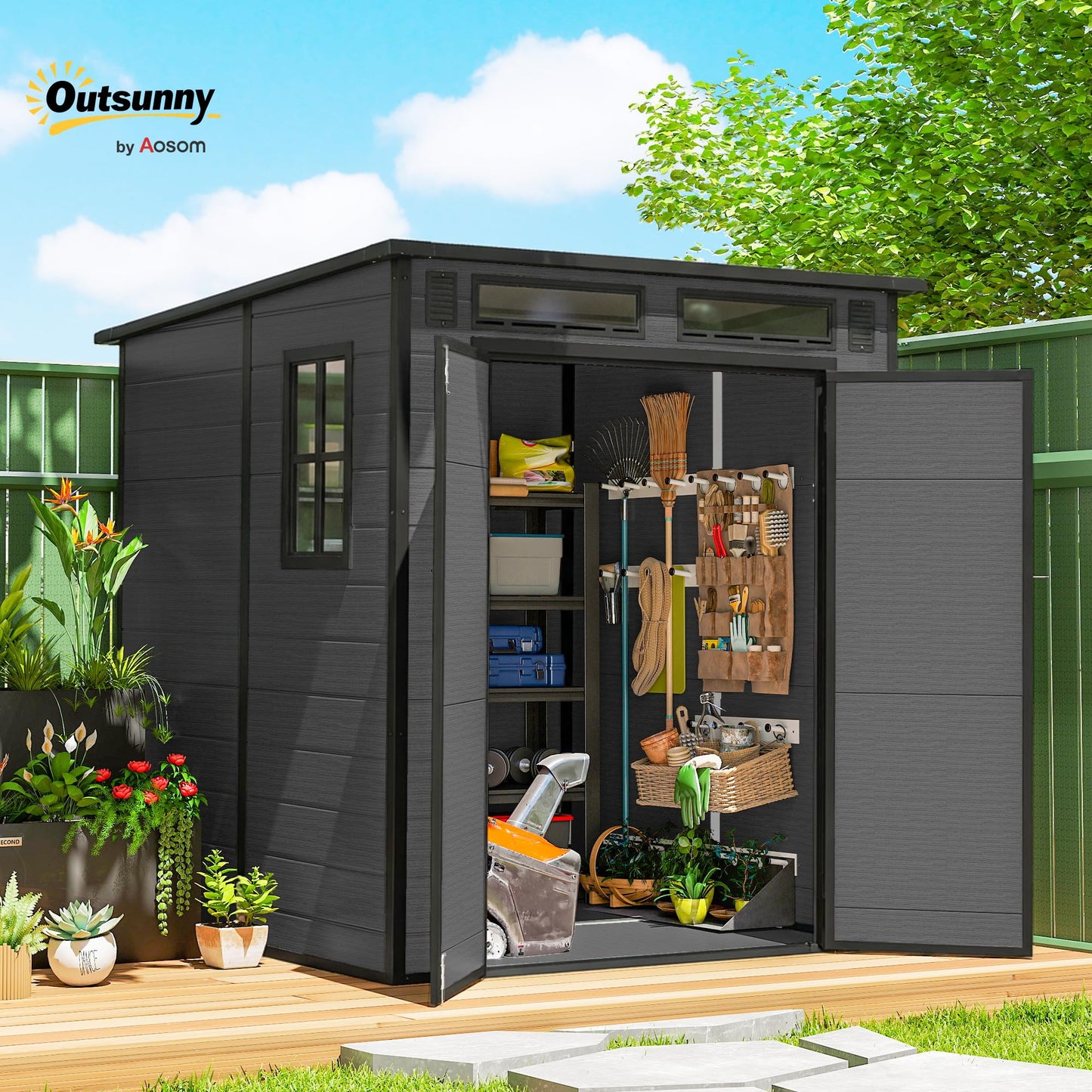 Outsunny 6 x 6 ft Plastic Garden Shed with Floor, Three Windows, Dark Grey