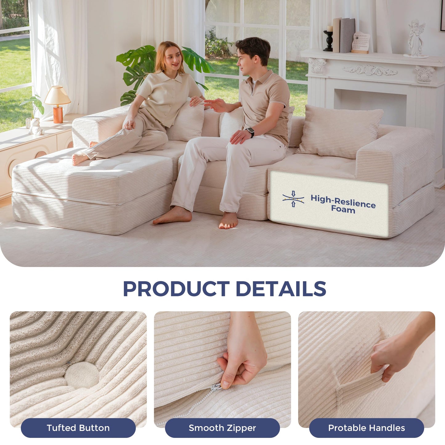 MAXYOYO Modular Sectional Sofa Bed, Convertible Sofa Bed with Foldable Sleeper and Throw Pillow, Corduroy Tufted Floor Couch Boneless for Living Room, Bedroom, Guest Room, No Assembly