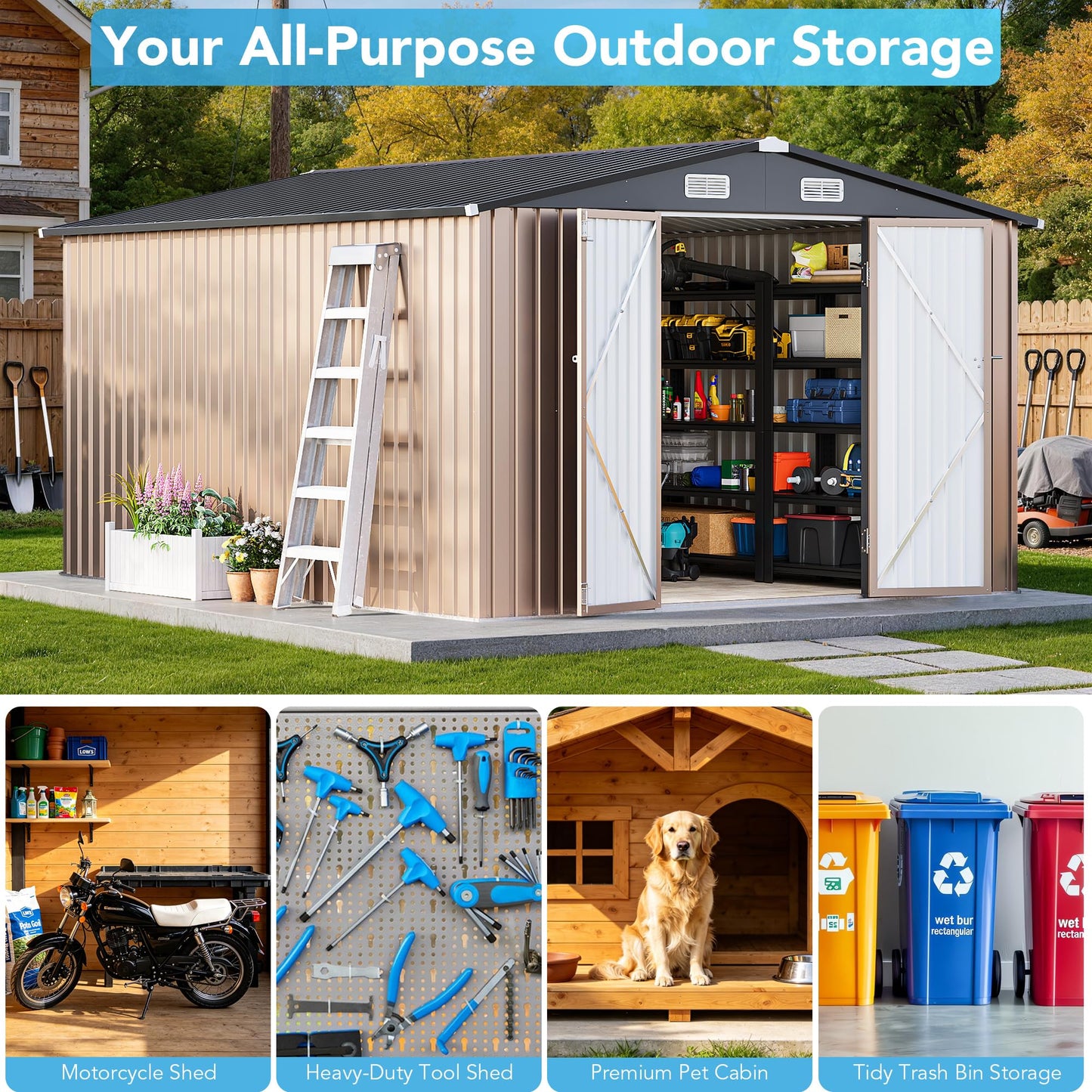CoziBB 10x12ft Metal Garden Shed, Outdoor Storage Shed with Windows, Waterproof Garden Shed & Tool Shed – Lockable Double Doors and Sloped Roof, for Garden, Patio or Lawn, Brown