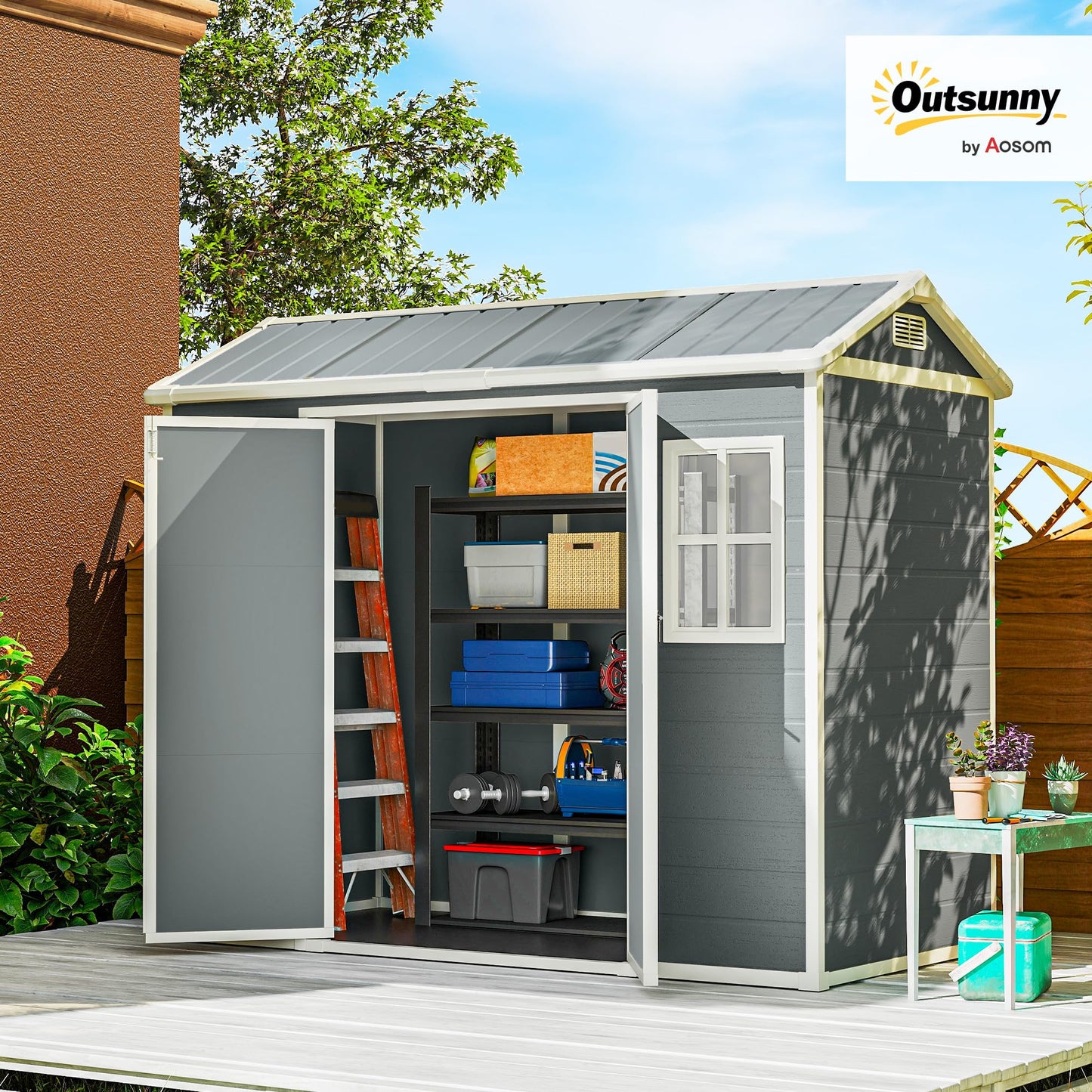Outsunny 8 x 4 ft Resin Garden Shed Wood-Effect with Floor, Light Grey