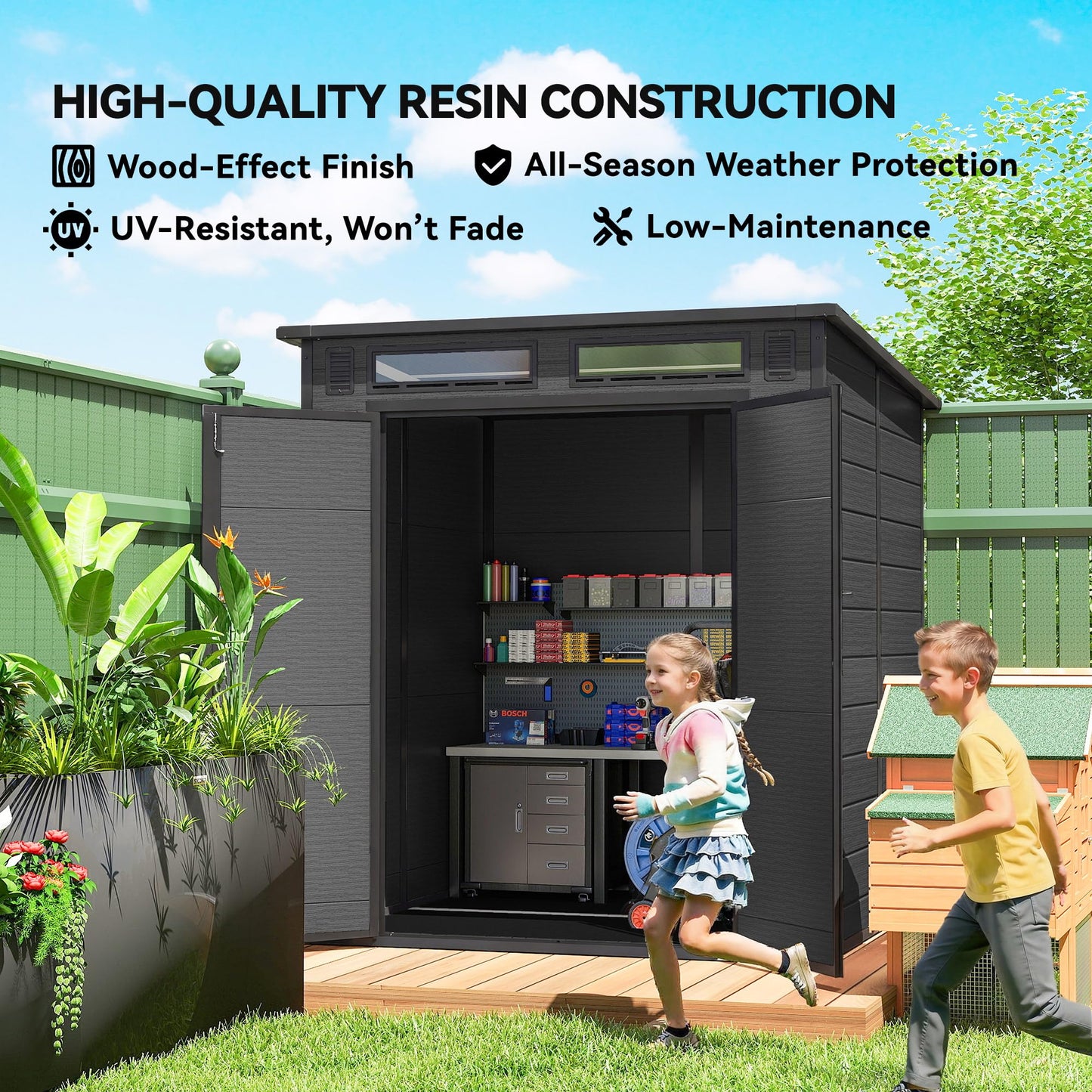 Outsunny 6 x 6 ft Plastic Garden Shed with Floor, Three Windows, Dark Grey