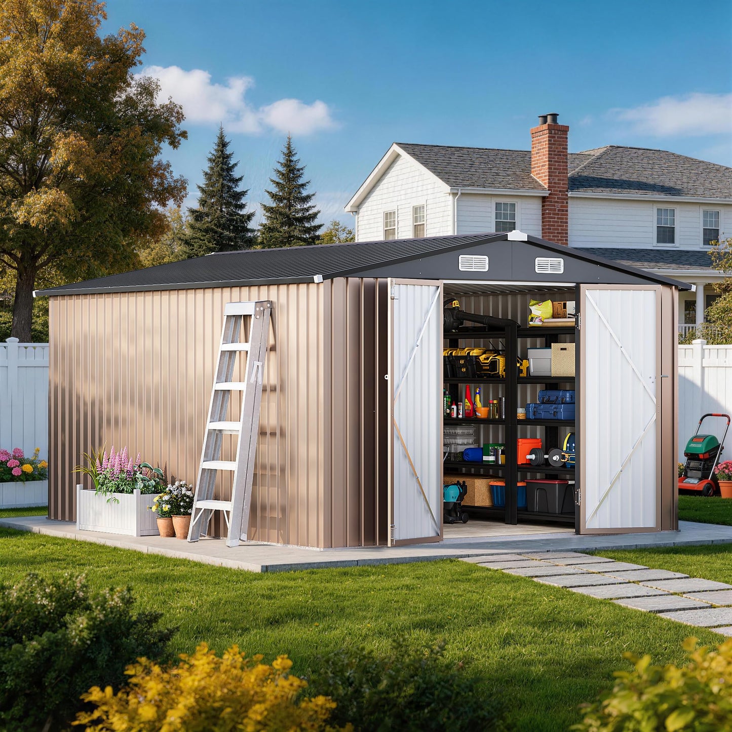 CoziBB 10x12ft Metal Garden Shed, Outdoor Storage Shed with Windows, Waterproof Garden Shed & Tool Shed – Lockable Double Doors and Sloped Roof, for Garden, Patio or Lawn, Brown